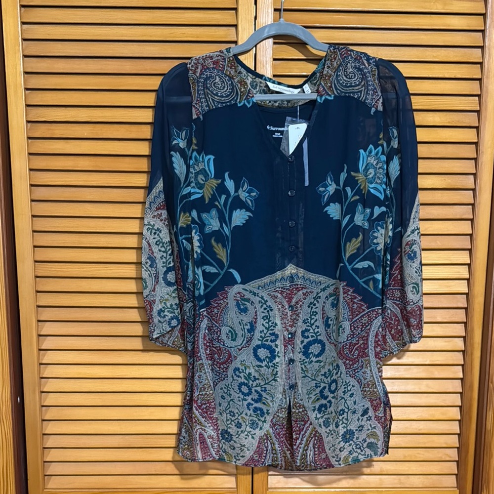 Soft Surroundings Blue 3/4 Sleeve Graphic Blouse